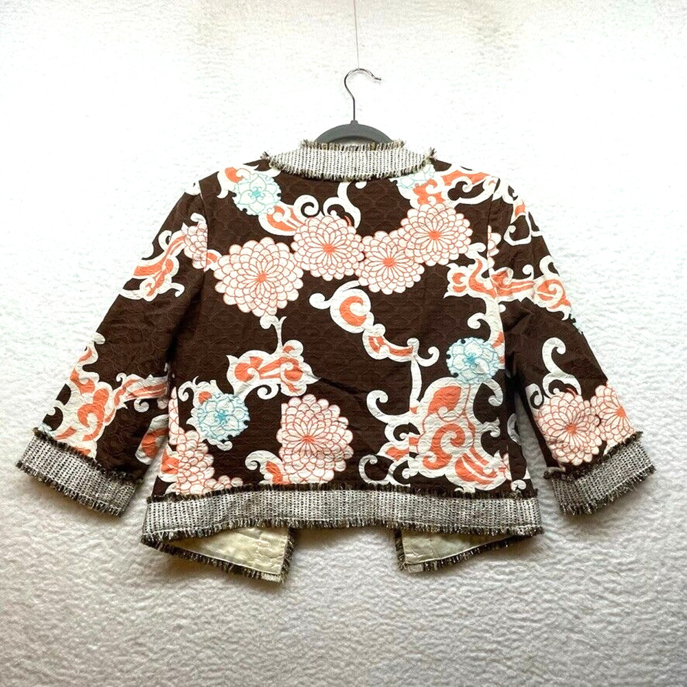 Trina Turk Jacket Womens 8 Brown Orange Floral Blazer Wool Open Lined Career - Picture 2 of 11
